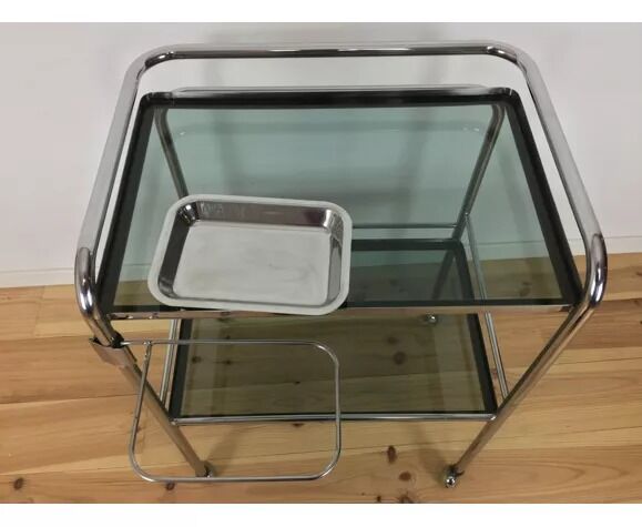 1970 chrome and smoked glass service, professional furniture, industrial style