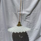 Vintage suspension opaline pleated lampshade with golden threads and claw socket.