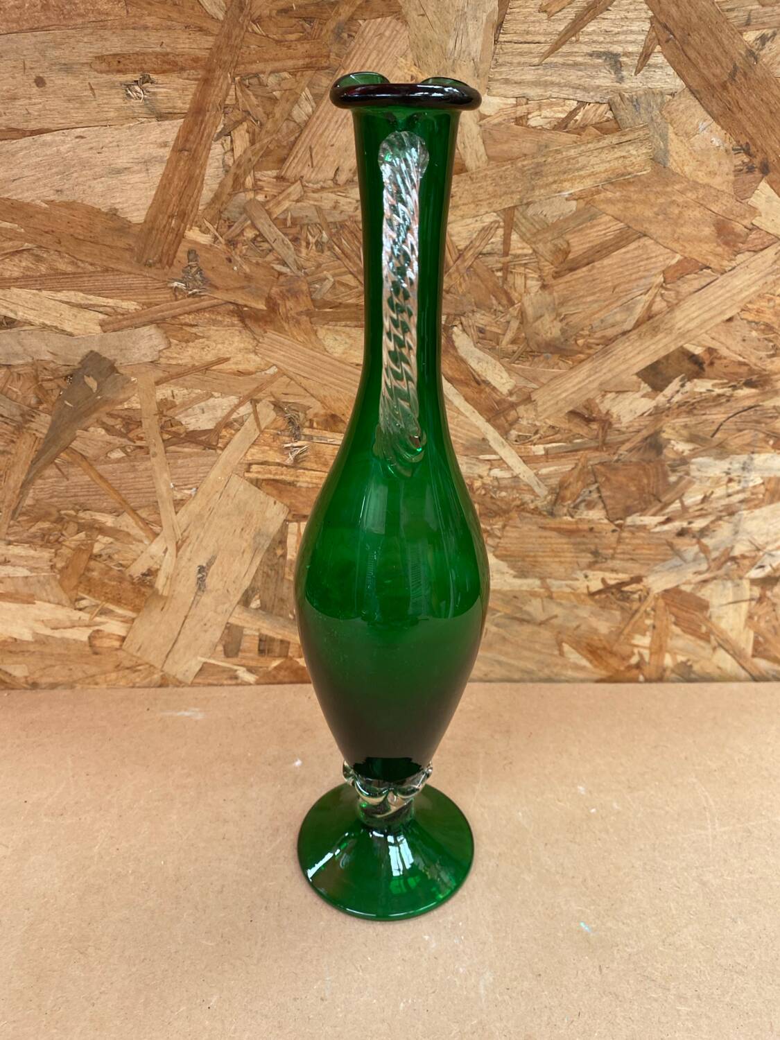 Antique green & clear glass pitcher ewer vintage