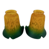 Pair of Antique Art Nouveau Tulips - Speckled Amber Green Glass