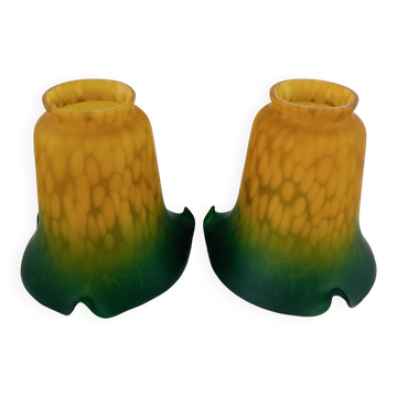 Pair of Antique Art Nouveau Tulips - Speckled Amber Green Glass