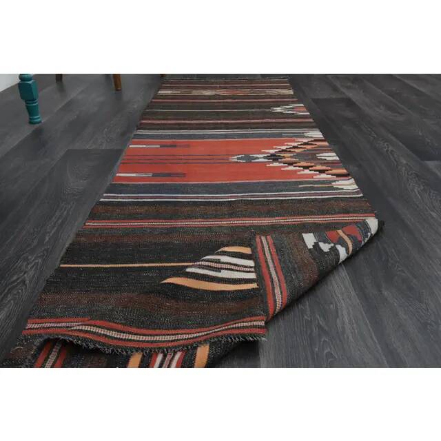 Tapis de couloir vintage turc Oushak fait main en laine et coton marron