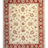 Cream Red Bordered Ziegler Rug, Hand-Knotted Wool Floral Oriental Carpet