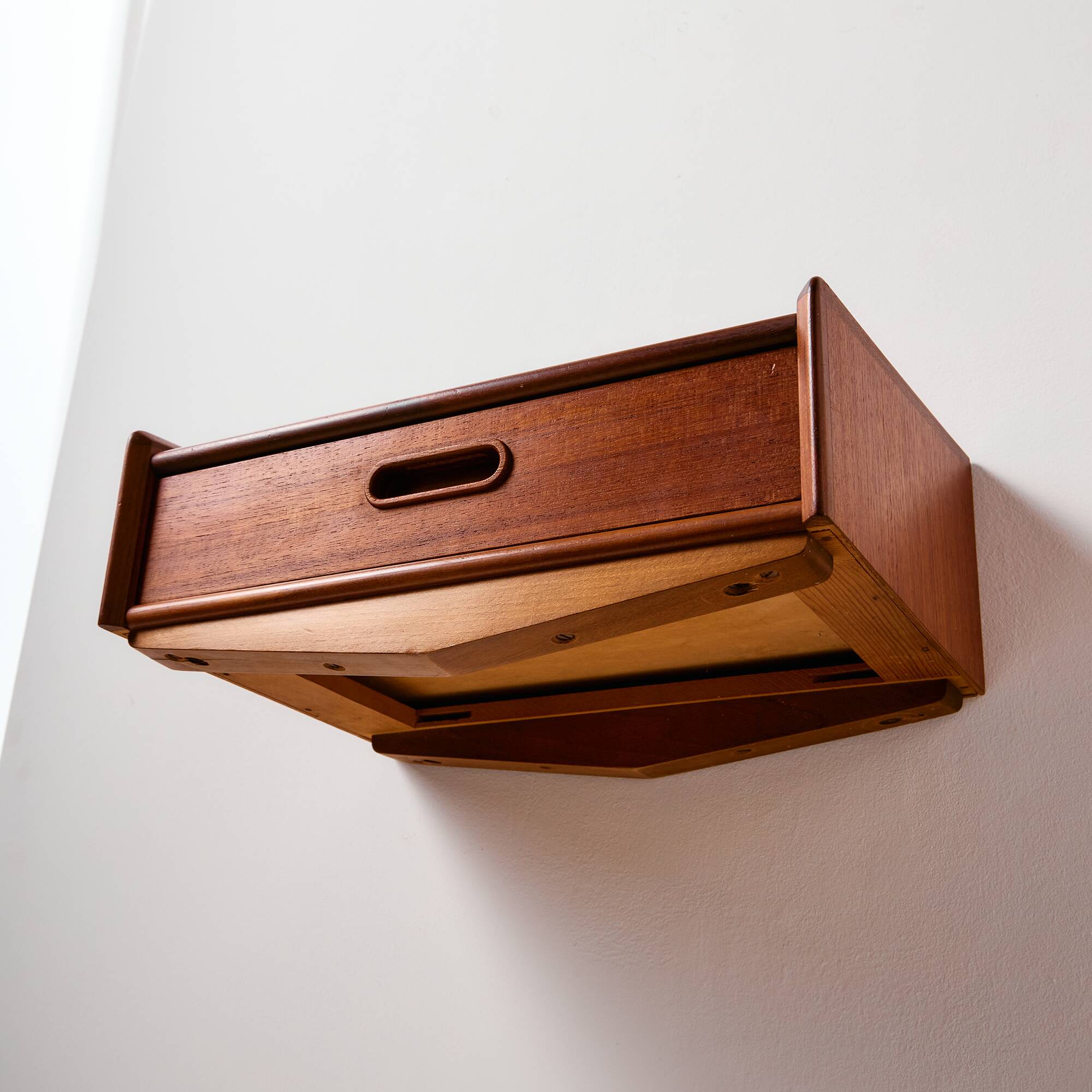 Wall mounted teak and beech bedside cabinet, Set of 2