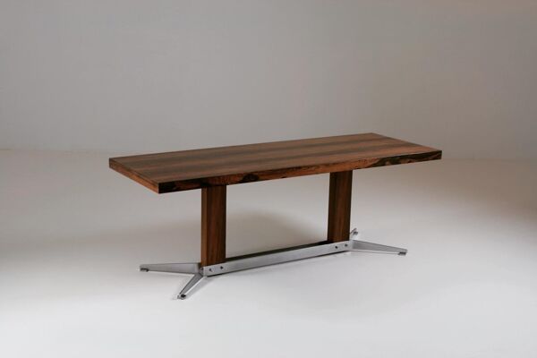 Table basse vintage en palissandre et métal brossé, 1960s