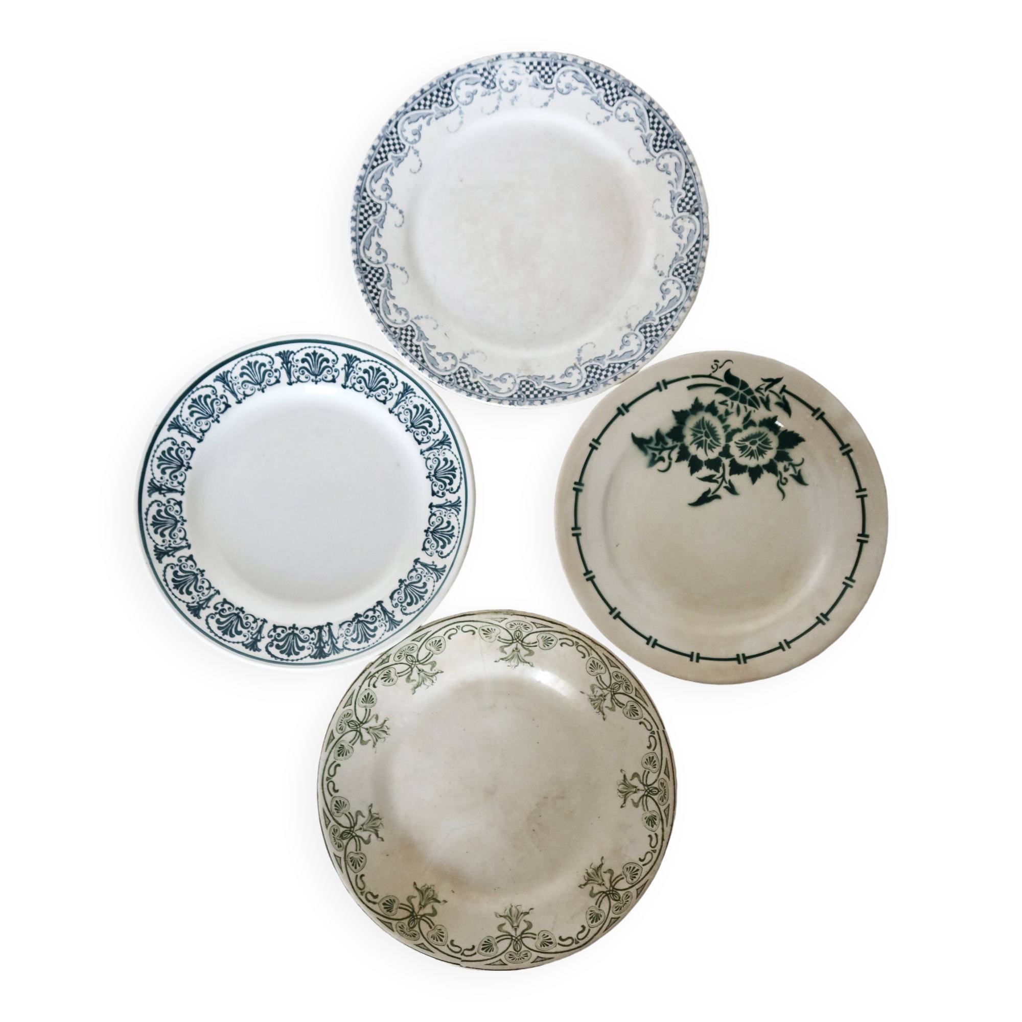 4 mismatched white and green ironstone dessert plates Arabesque set