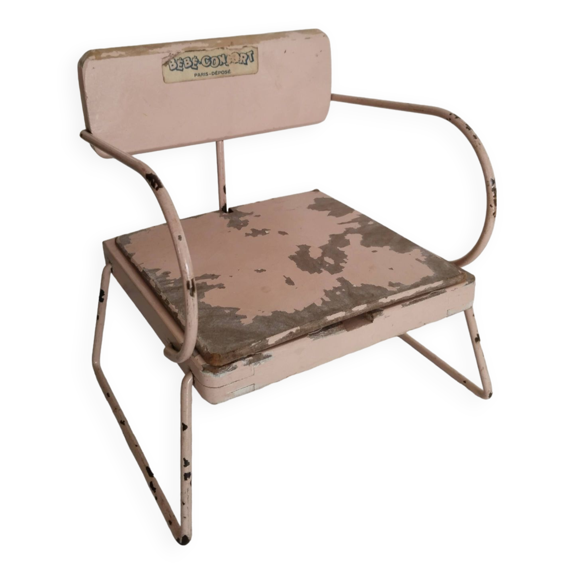 Vintage doll potty chair, wood and metal, pink, Bébéconfort