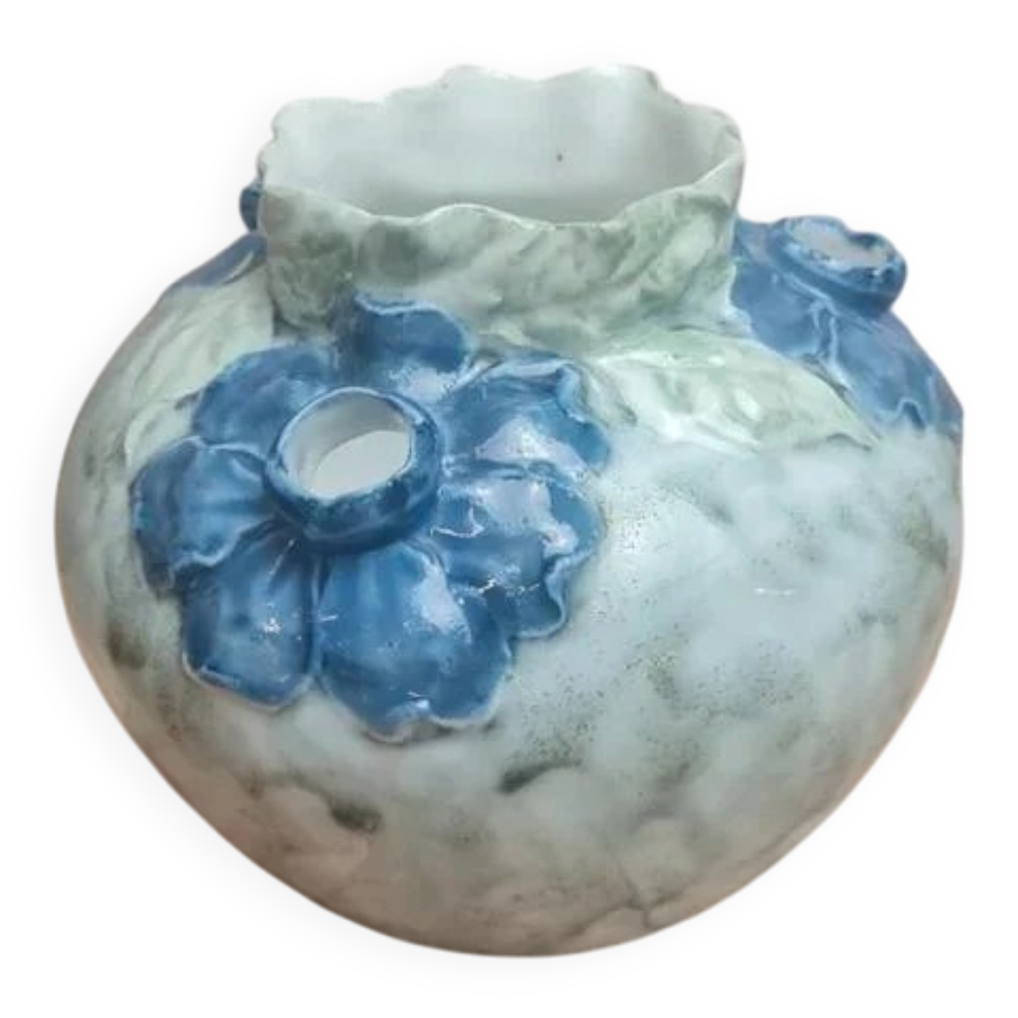 Flower vase in earthenware, blue floral decoration – antique