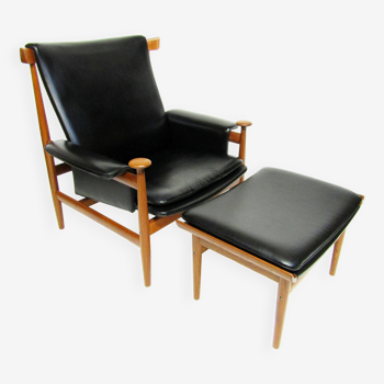 Chaise et ottoman Bwana danois des années 1960 par Finn Juhl en teck et skaï