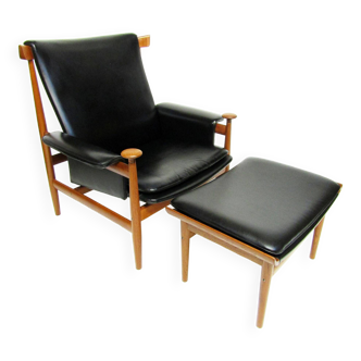 Chaise et ottoman Bwana danois des années 1960 par Finn Juhl en teck et skaï