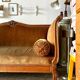 Bench, roller daybed in chiseled wood and ocher velvet, mid-19th century