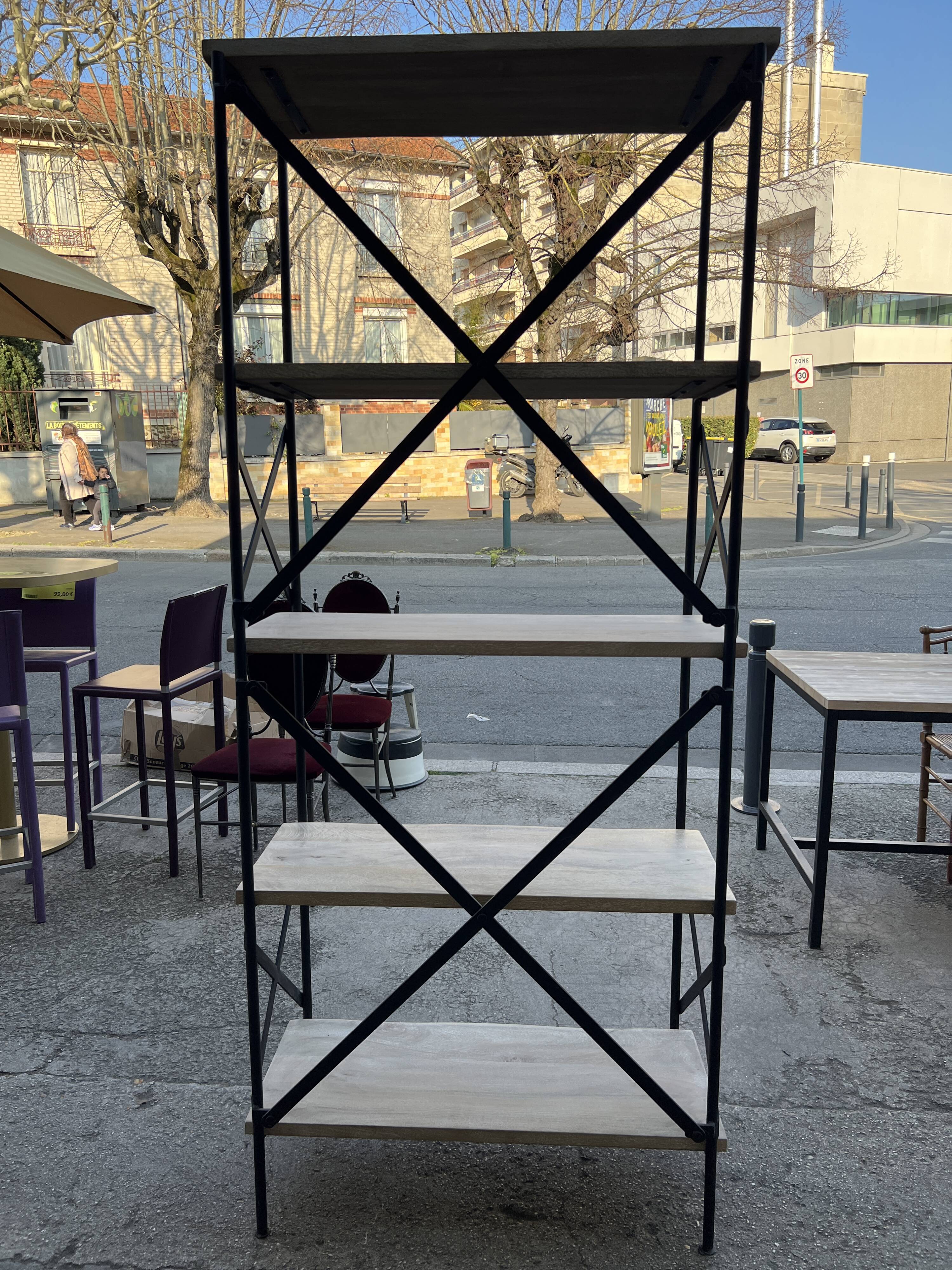 Industrial-style shelf in light wood and cast iron