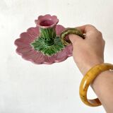 Bougeoir ancien en barbotine figurant une fleur