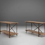Industrial side table with metal frame and wooden top and removable platform, Belgium, 1920