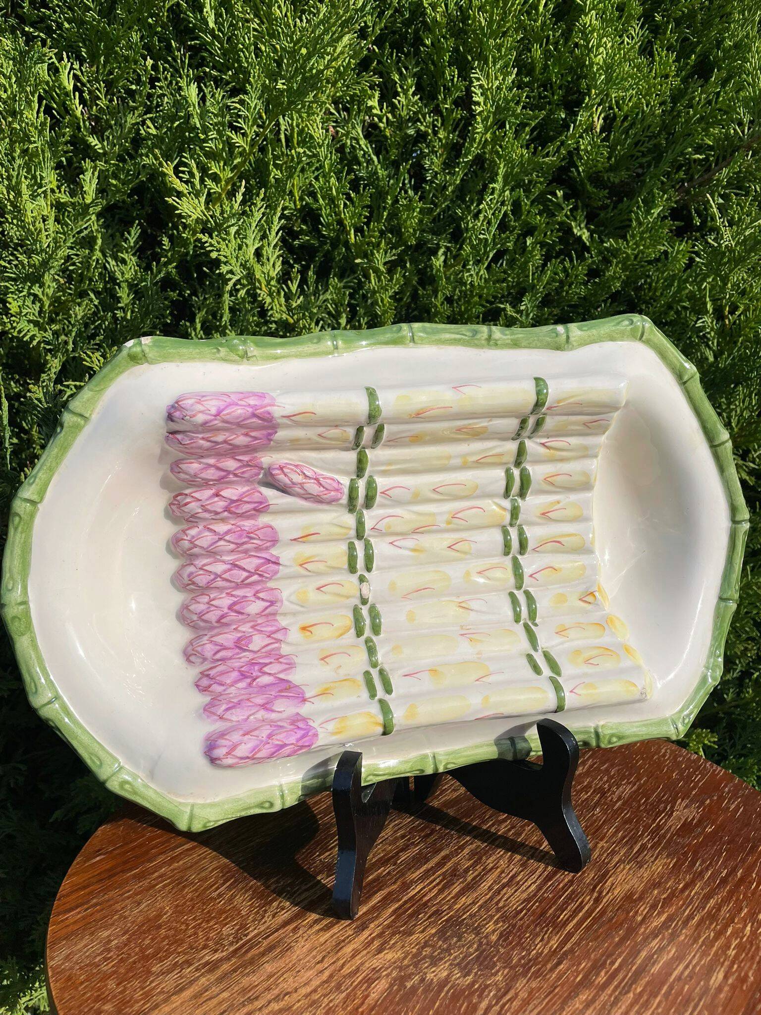 Plate of asparagus with a sauce.