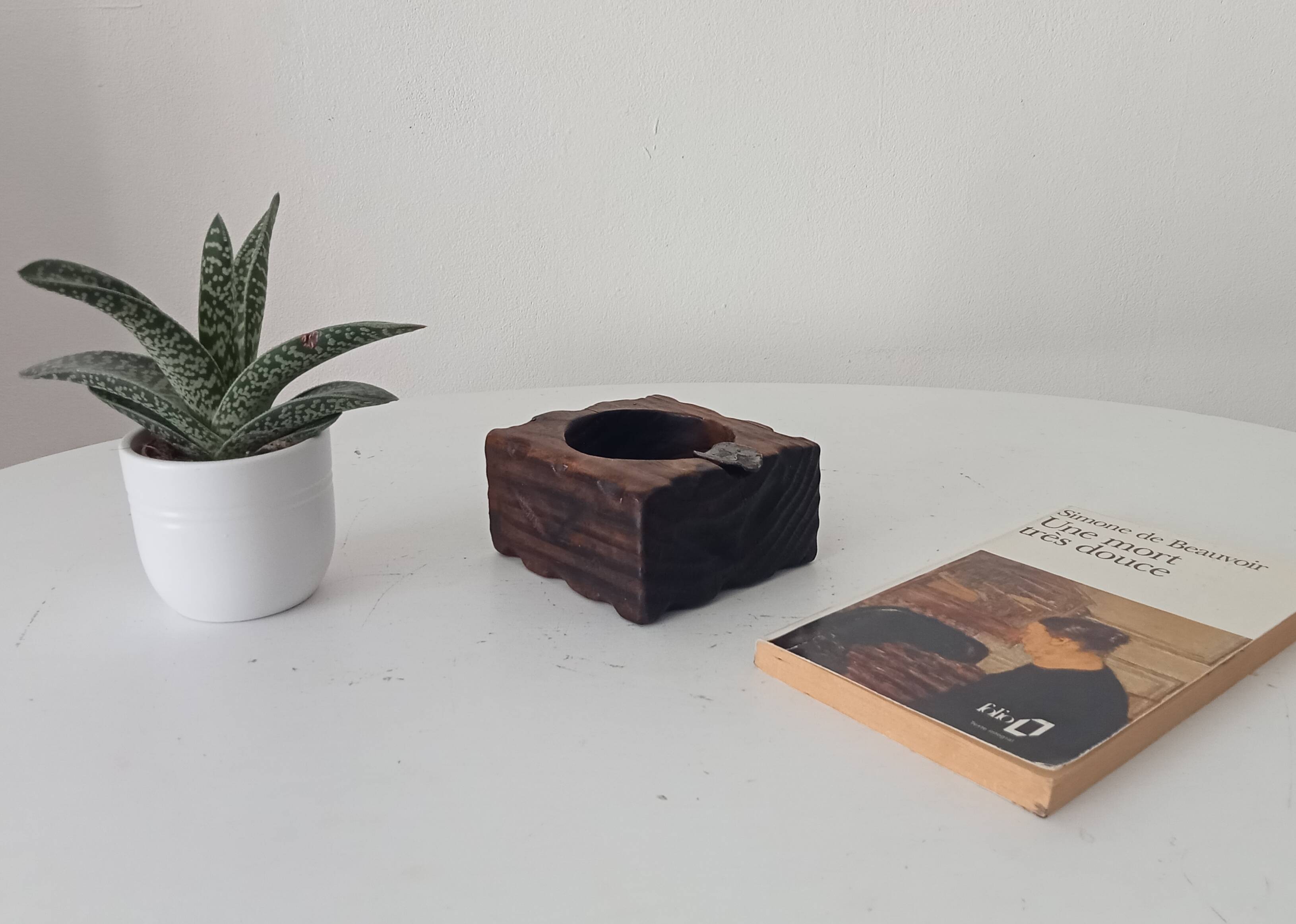 Vintage brutalist ashtray in carved wood