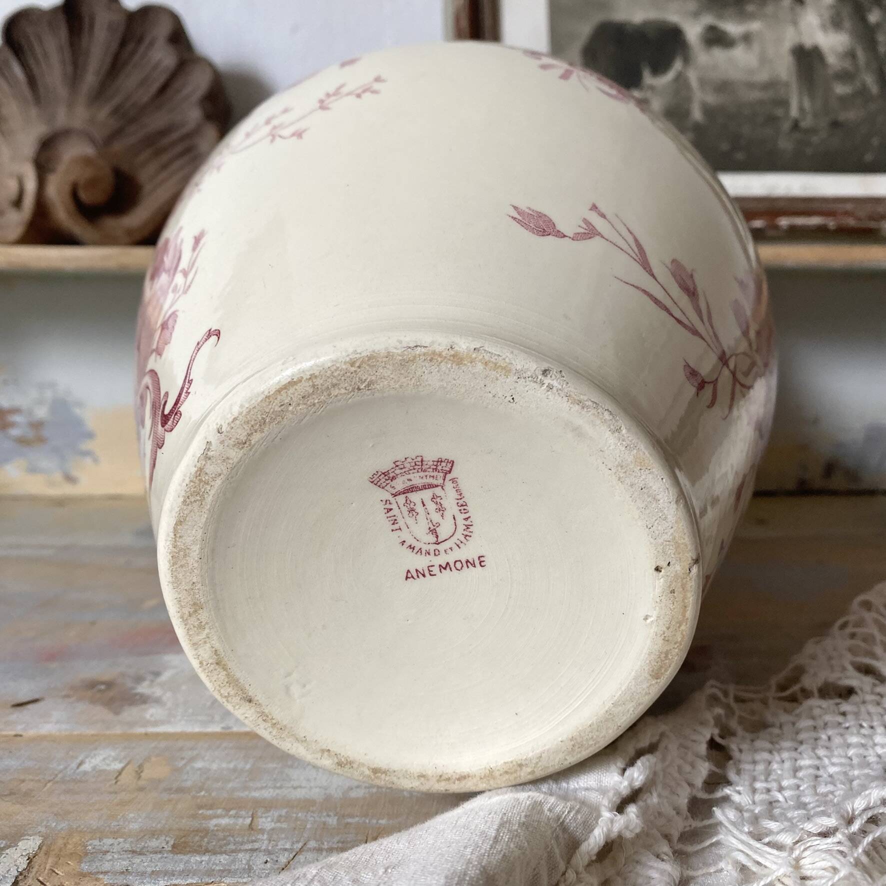 Large ironstone jug St Amand Anemone, antique pitcher
