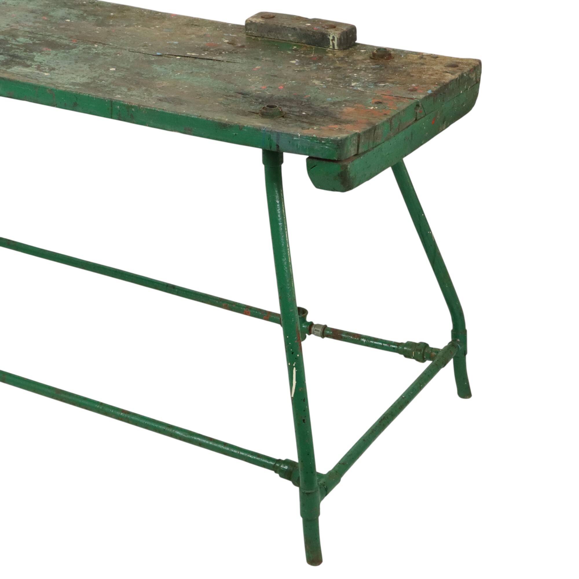 Unique Green Industrial Workbench Work Table Wood Metal 160cm