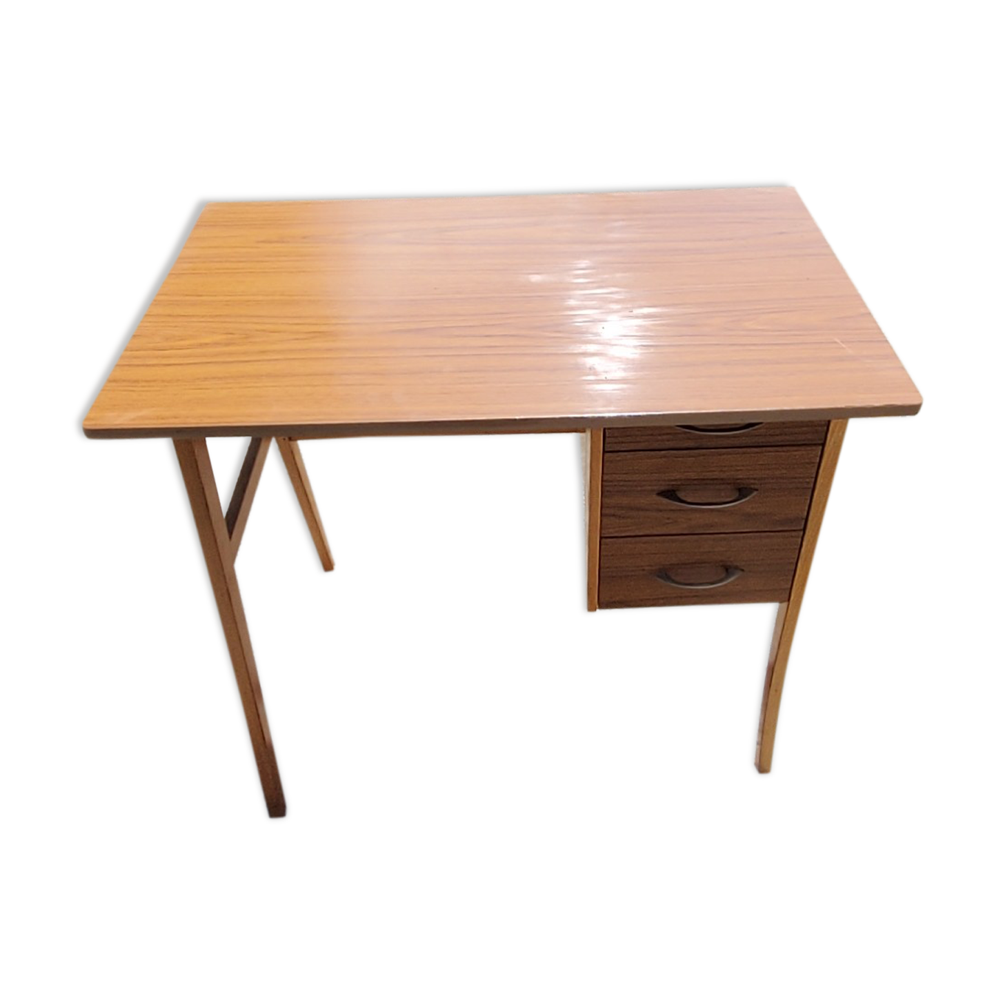50s feet compass desk in blond beech and formica 3 drawers