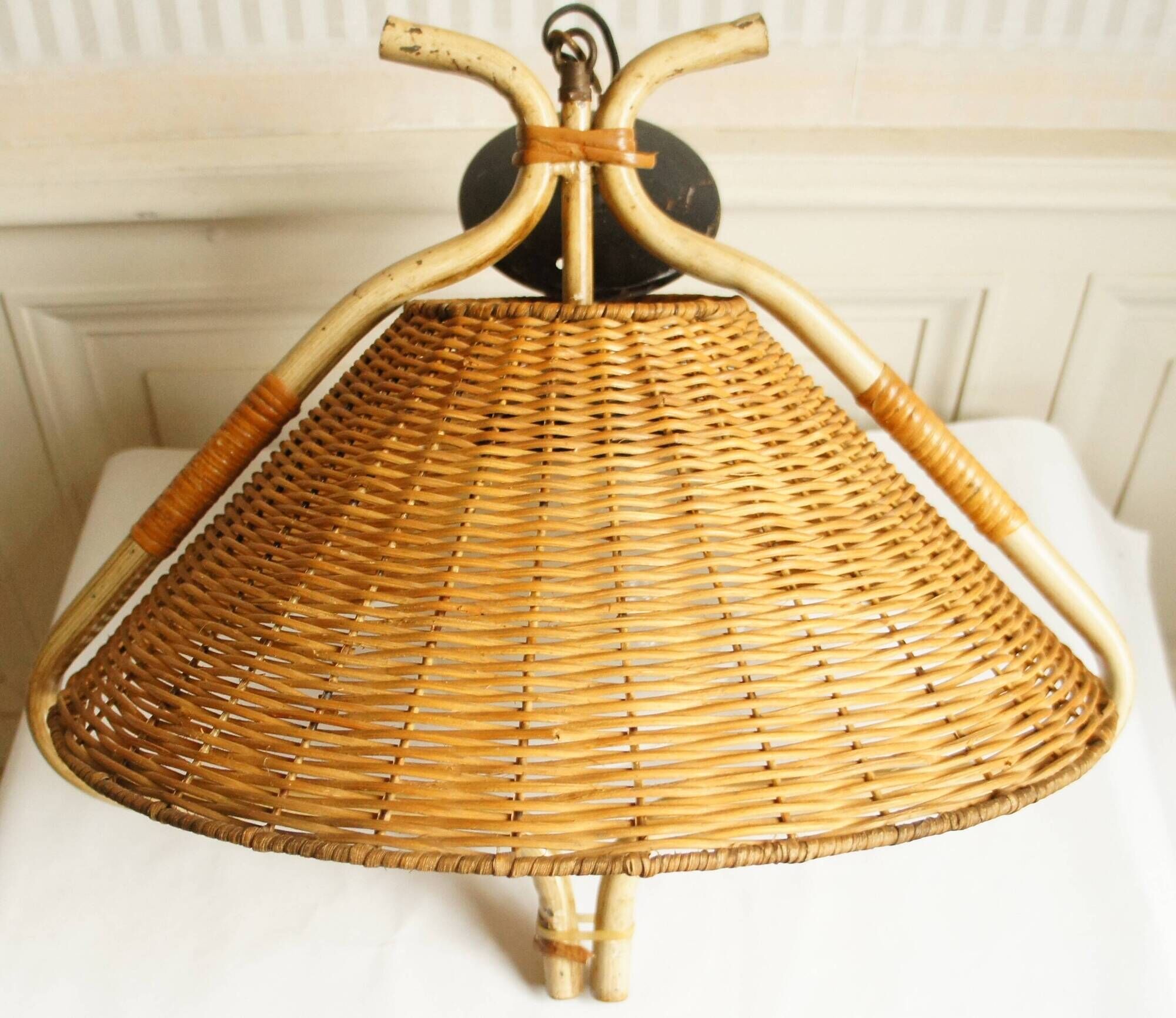 “French Riviera” rattan, metal & opaline pendant light, 1960