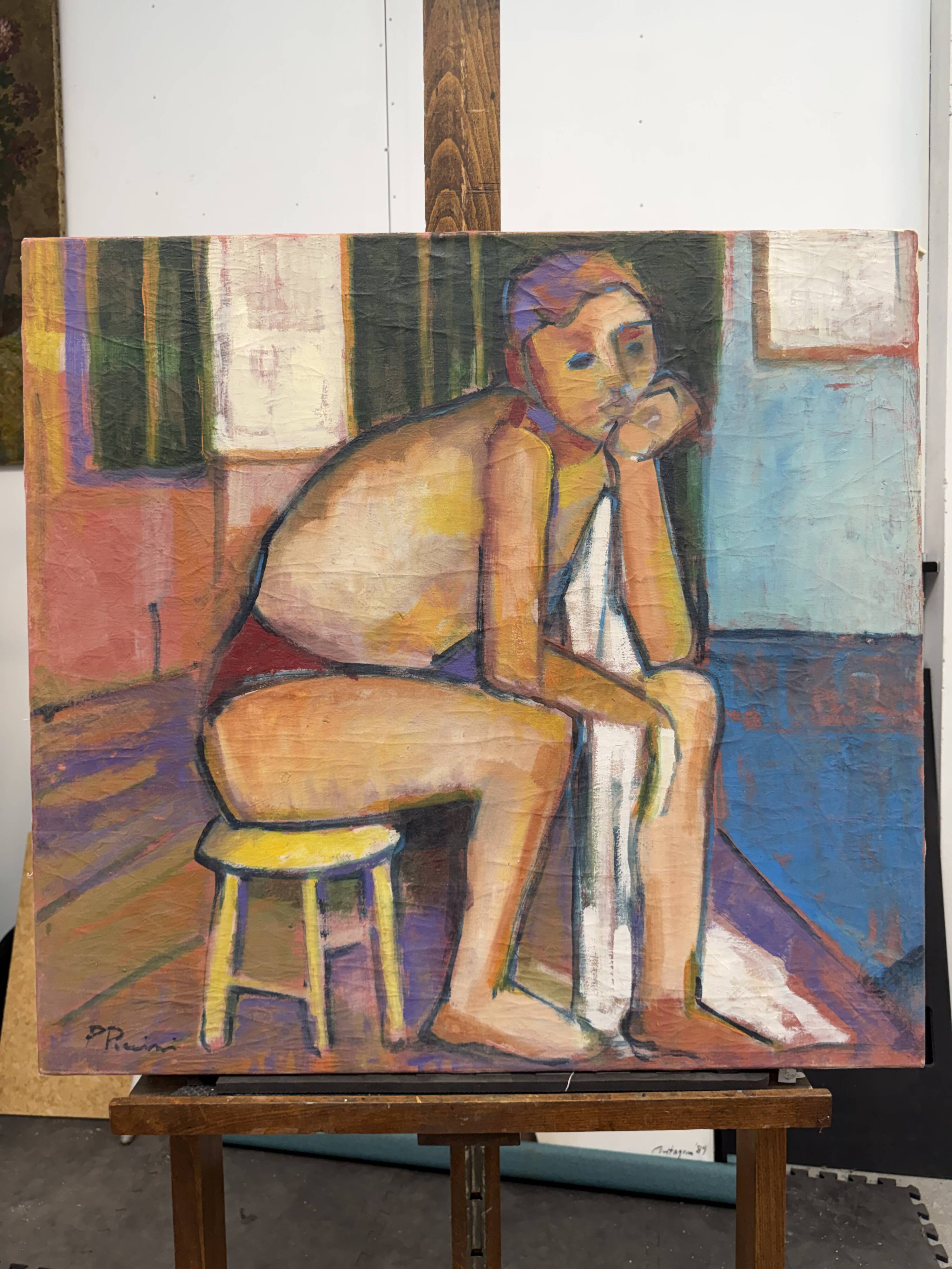 Large vintage figurative painting – Young man sitting – oil on canvas – art