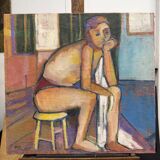 Large vintage figurative painting – Young man sitting – oil on canvas – art