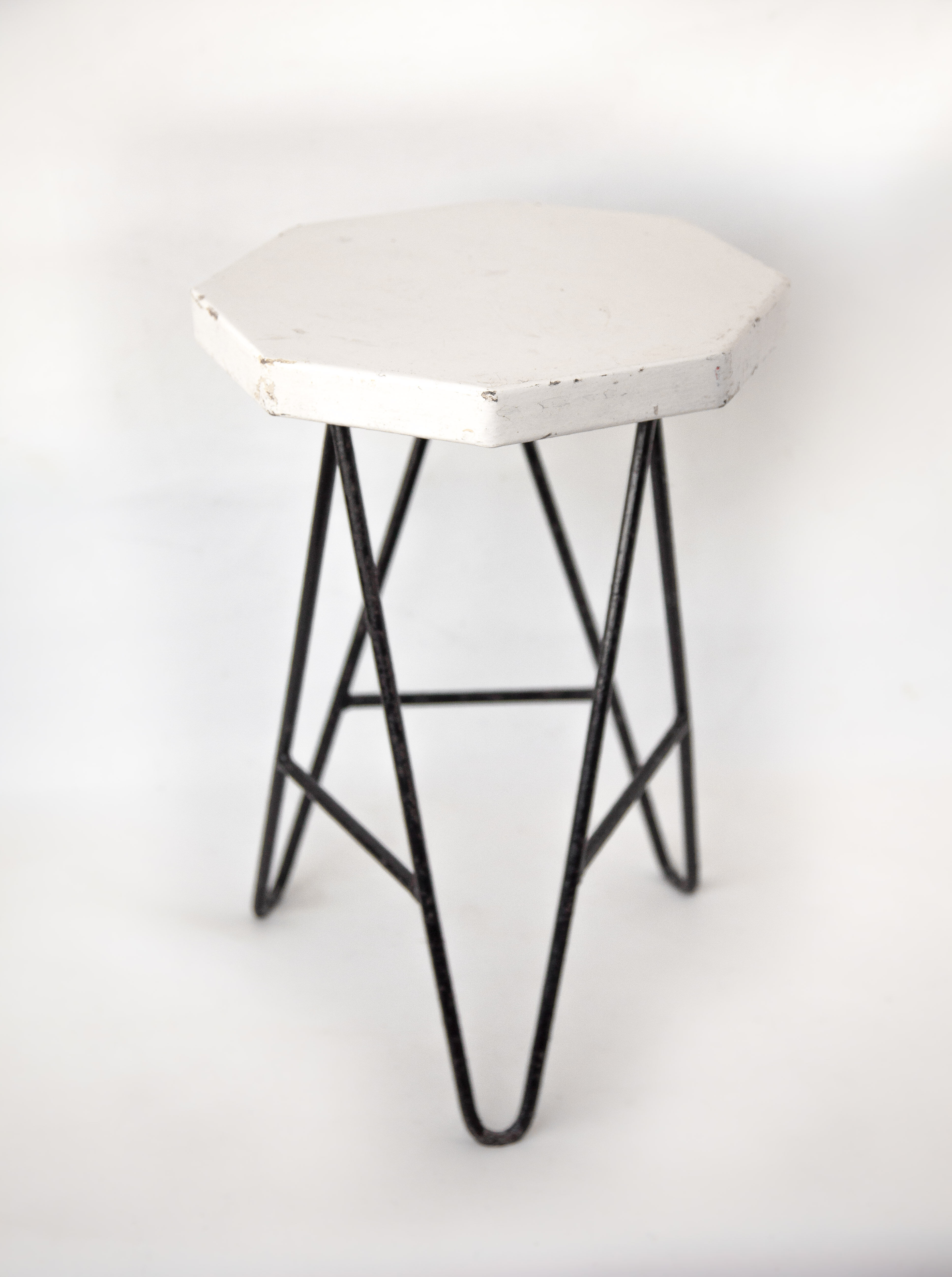 Vintage stool, wooden stool and iron structure, extra stool, octagonal wood seat, cui