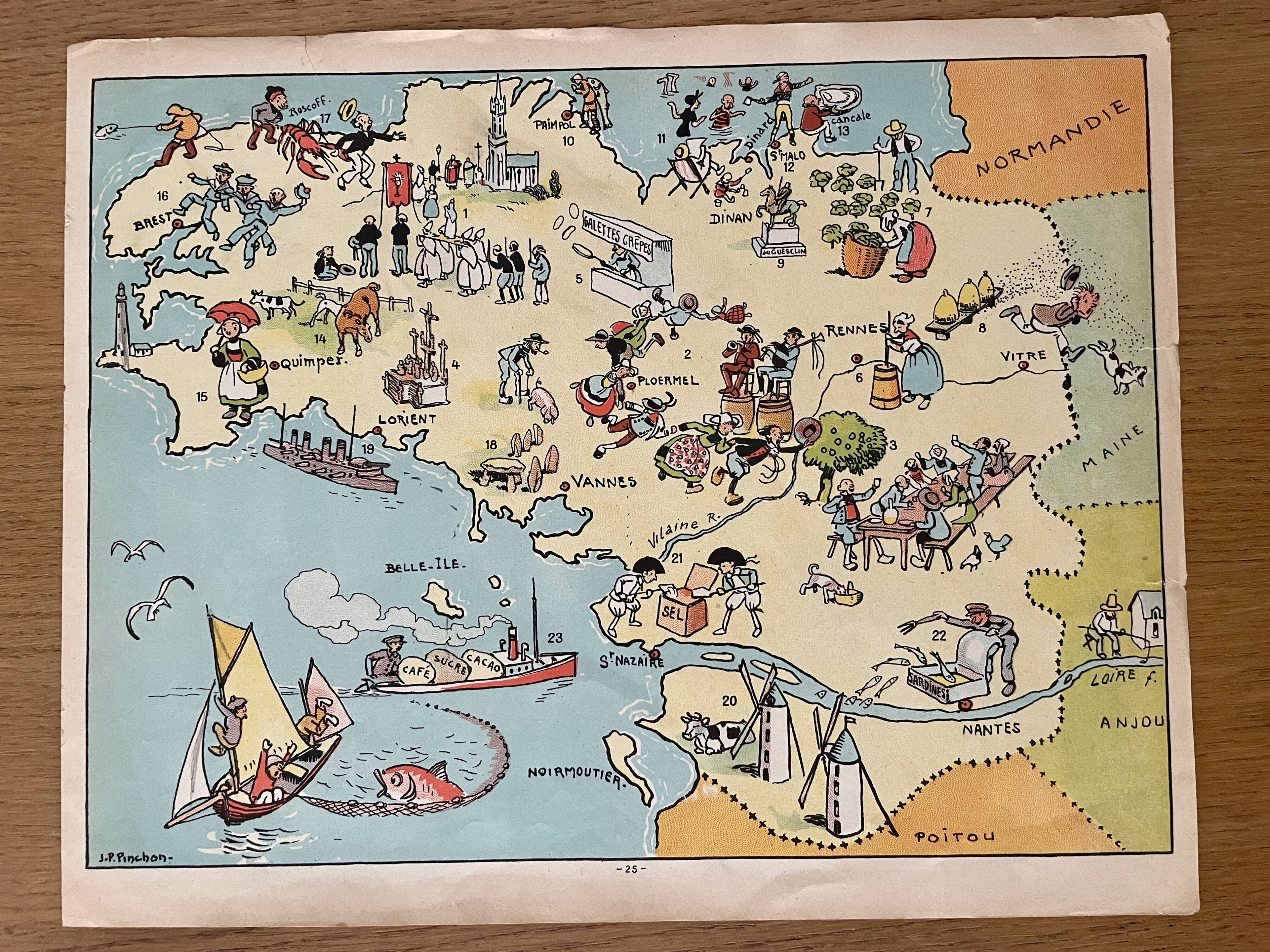 Old poster illustrated map of Brittany 1935 - JP Pinchon