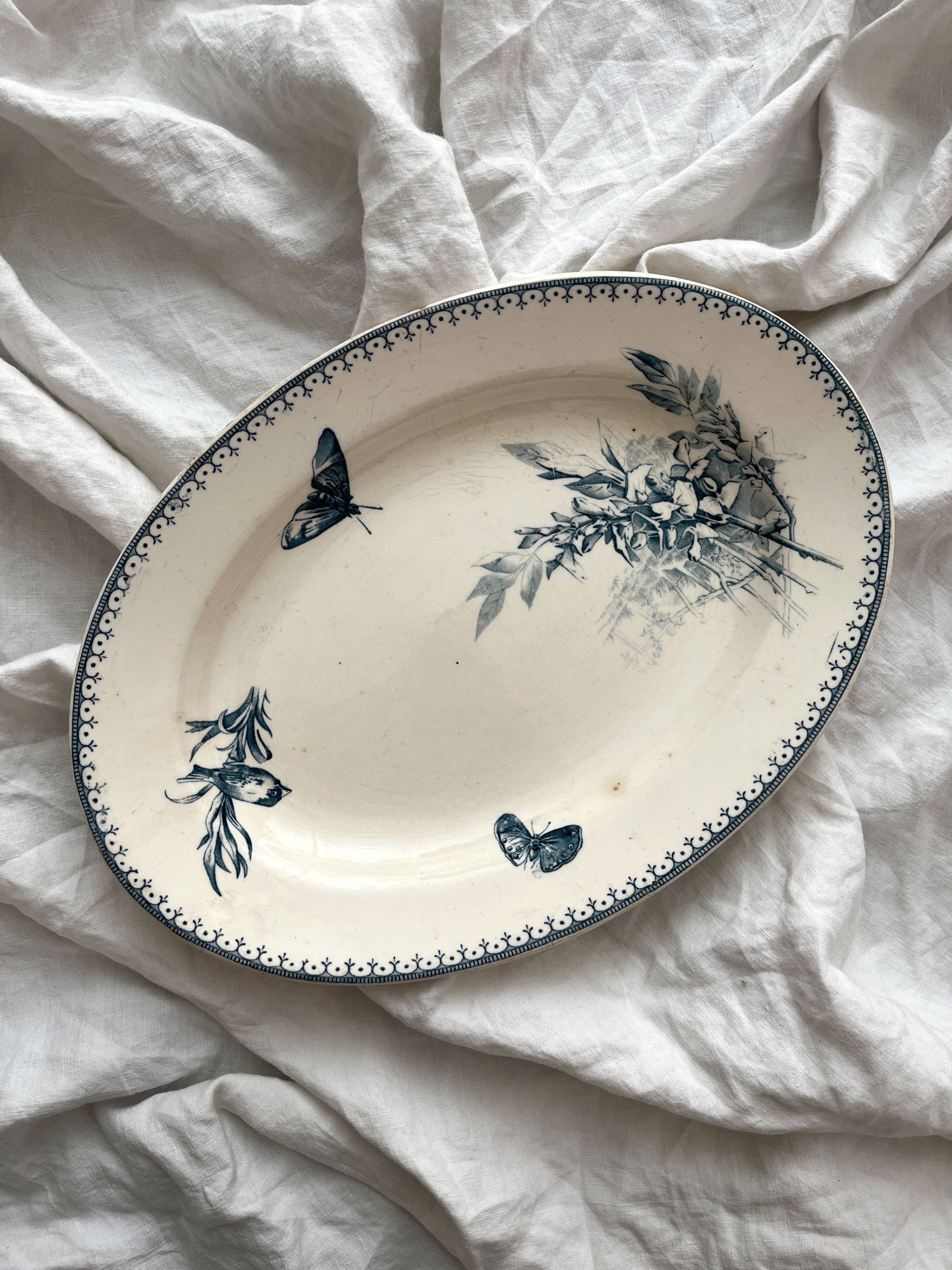 Oval ironstone dish flowers birds "Malaga" Petrus Regout