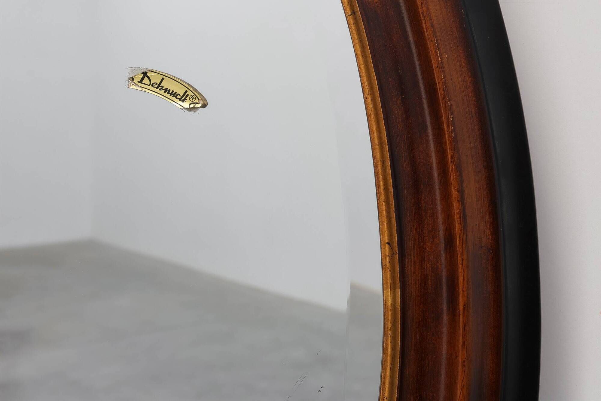 Deknudt Oval Wall Mirror with Walnut-Toned Frame and Gilt Inner Edge, Belgi