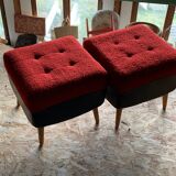 Set of 2 mid-century stools in red and black fabric and faux leather, with light wood legs.