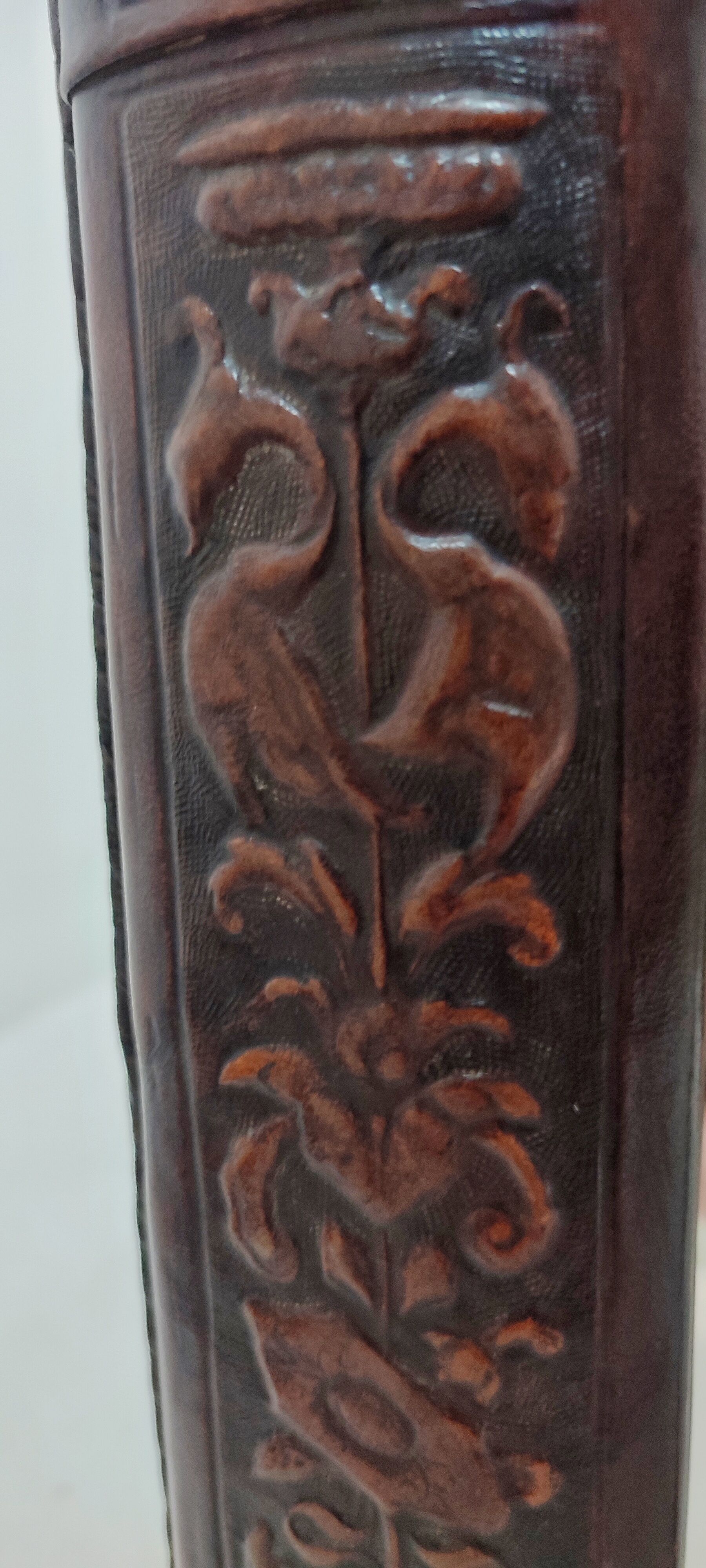 Table mirror embossed leather and bronze, Spain, 1940s