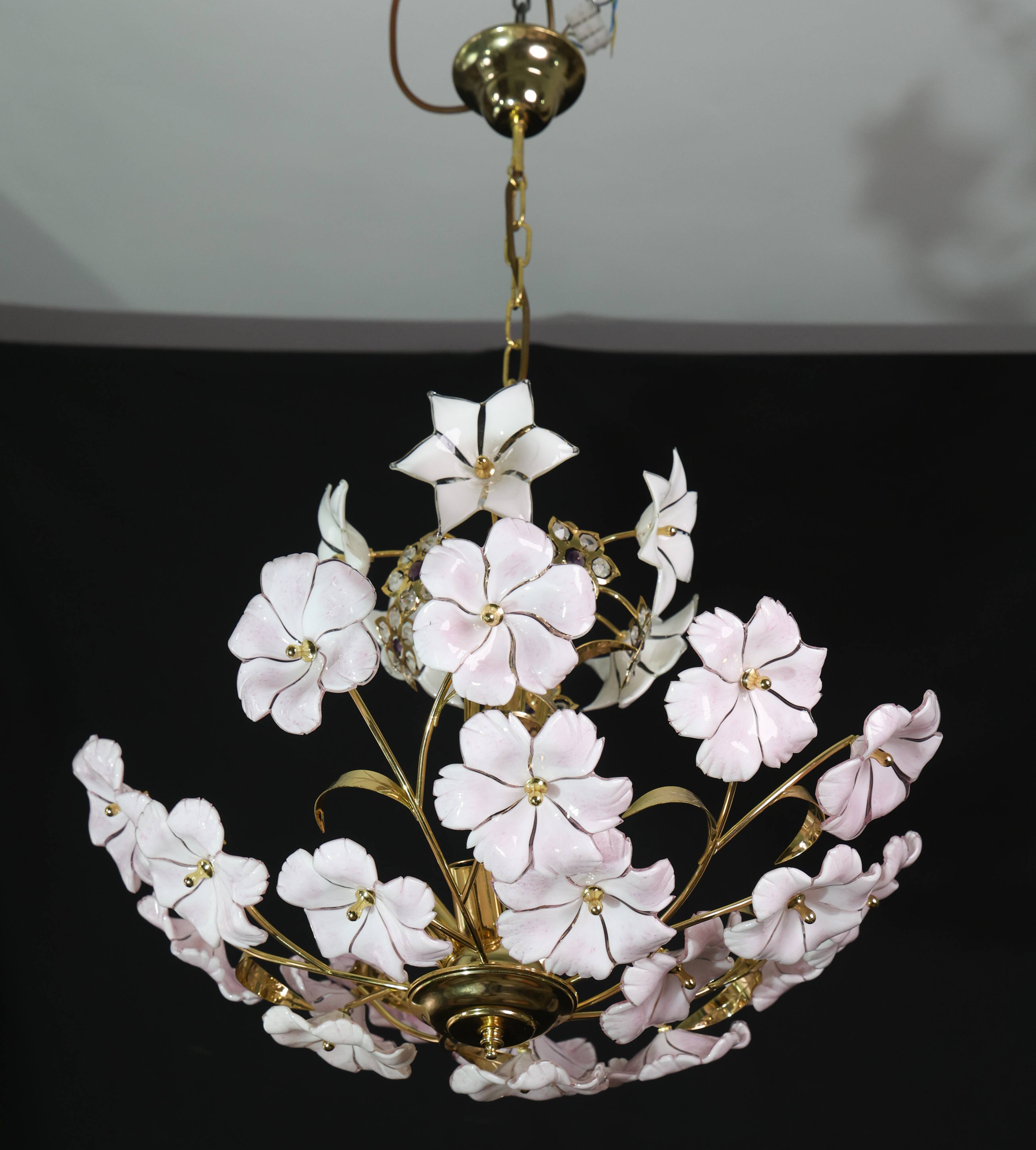 Charming Murano Vintage Chandelier White and Pink Flowers
