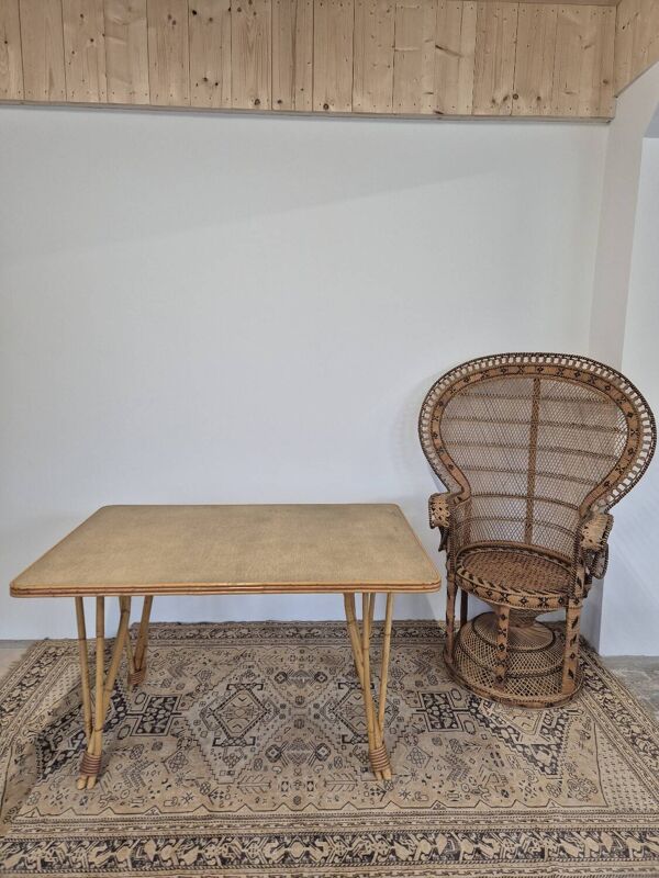 Table de salle à manger pieds compas en rotin, 1950