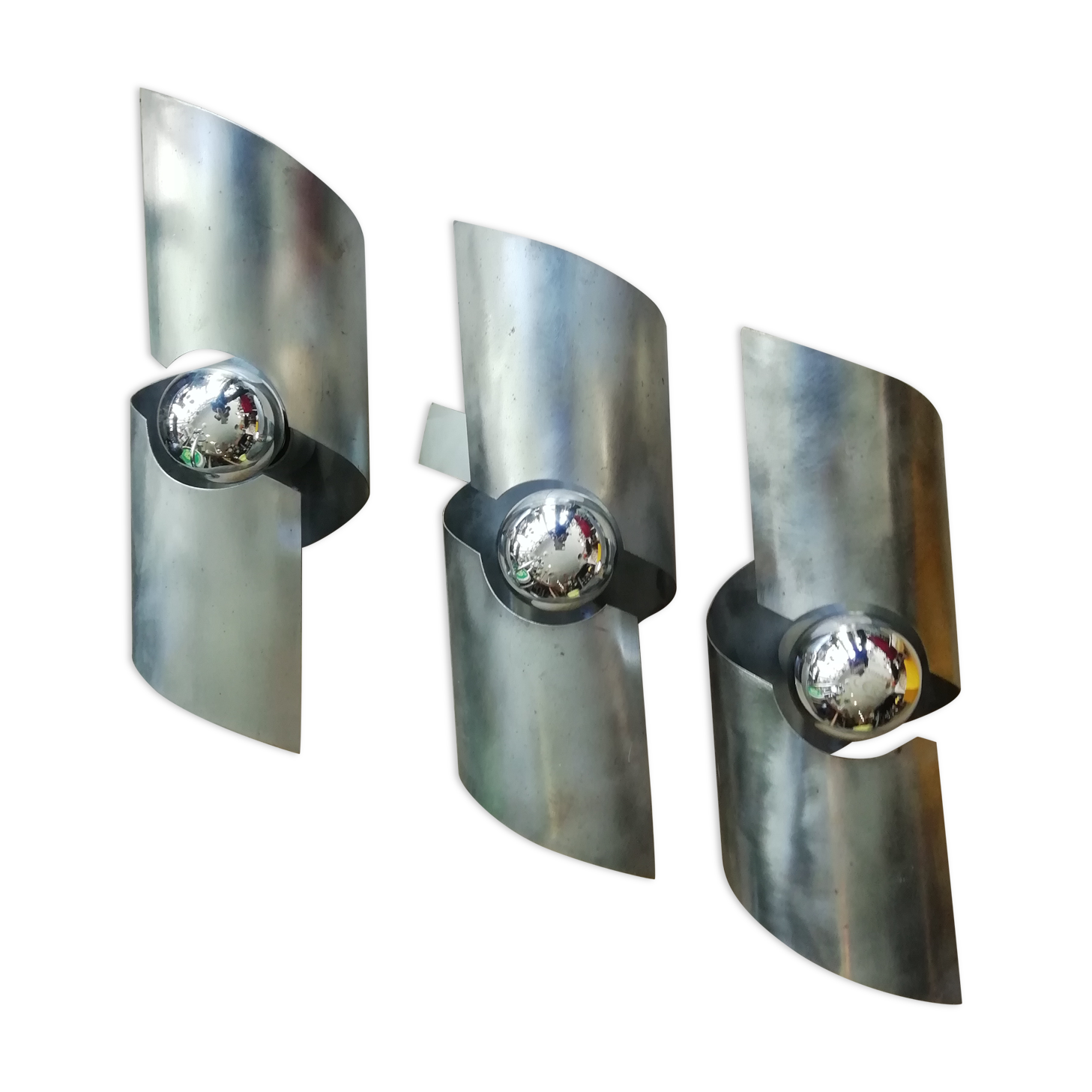 3 frosted steel sconces 70s
