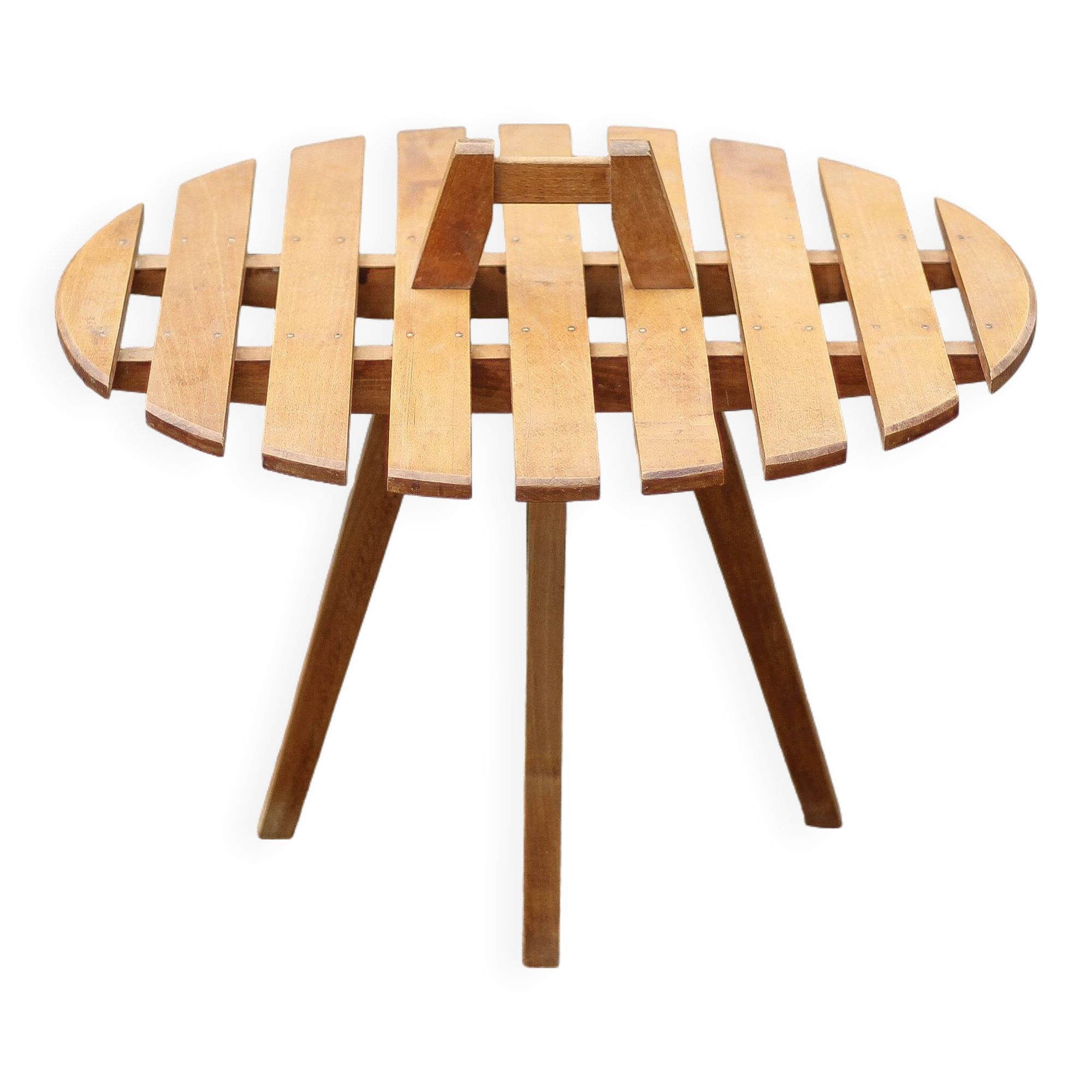 Vintage coffee table, wooden table with central handle, interior decoration, terrace, patio