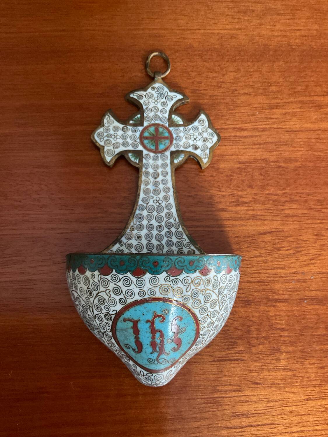 Ancient bronze and cloisonné enamel holy water font