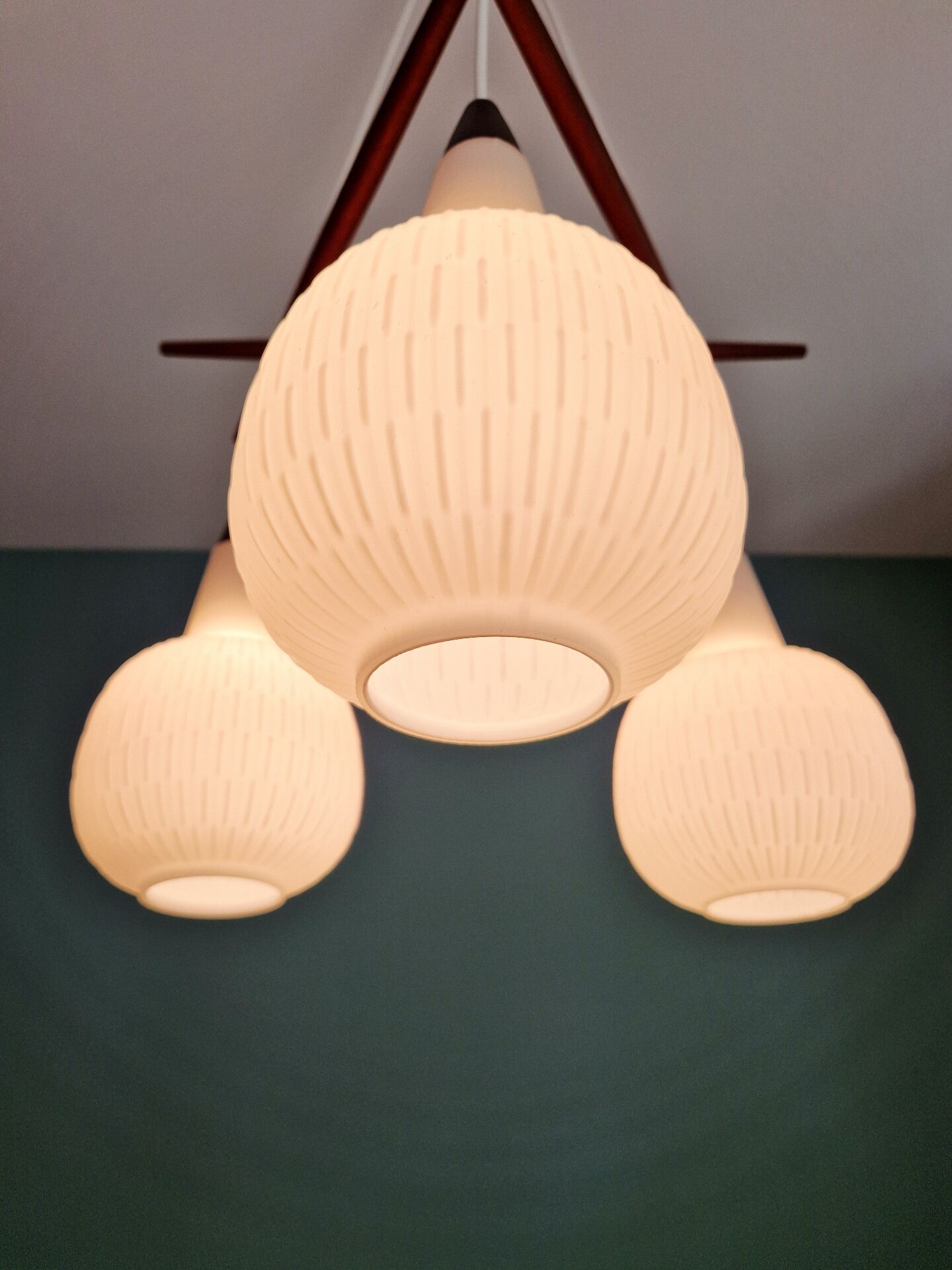 Scandinavian chandelier in teak and white opaline, 1960s
