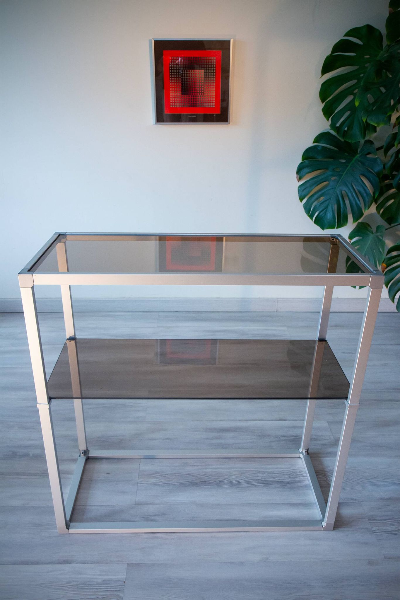 Console/étagère aluminium et verre fumé 1970-80