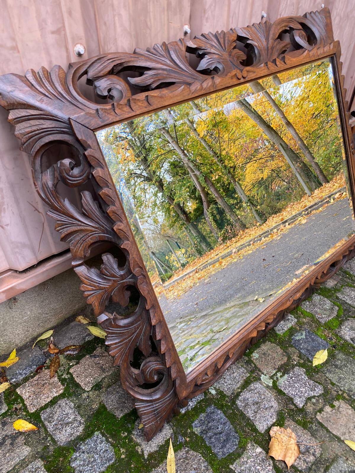 19th century carved solid wood mirror with beveled glass, 100x80cm