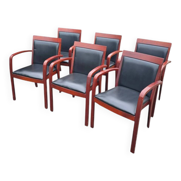 6 contemporary bridge chairs in mahogany and black leather