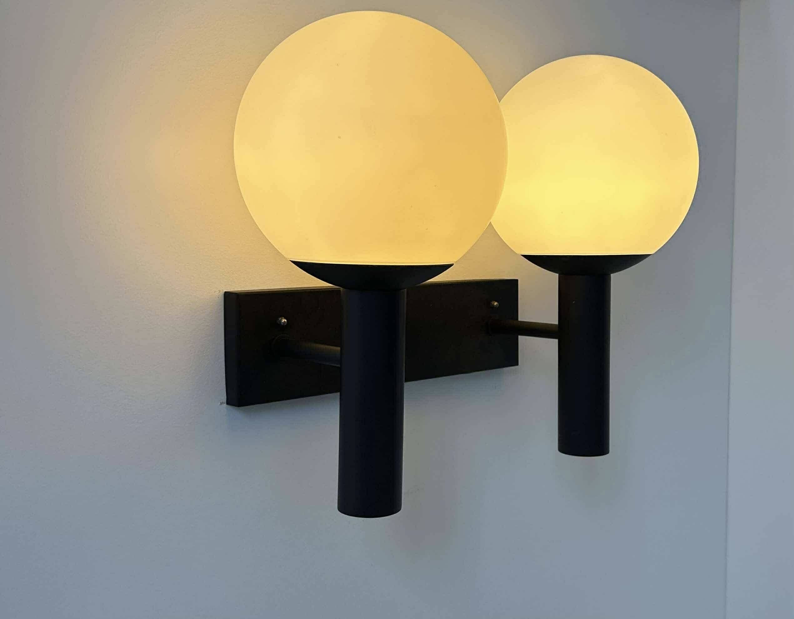 Vintage double wall lamp, opaline and black lacquered metal, Raak Netherlands 1960