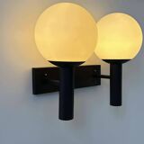 Vintage double wall lamp, opaline and black lacquered metal, Raak Netherlands 1960