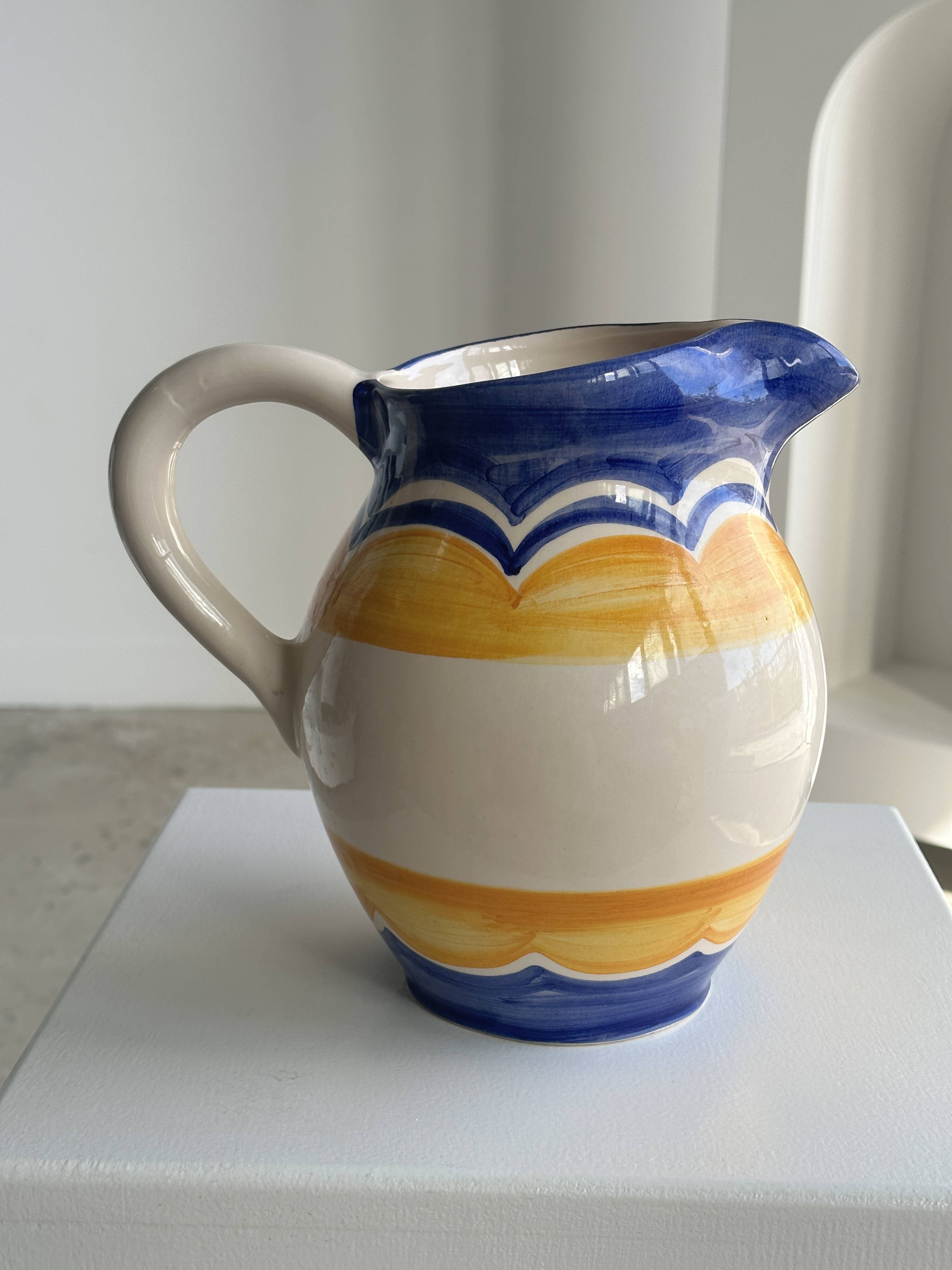 Large blue and yellow hand painted carafe H:20cm