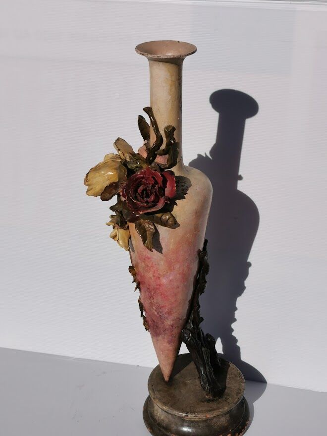 Signed polychrome terracotta vase dating from 1892, art nouveau (h.75cm) rare