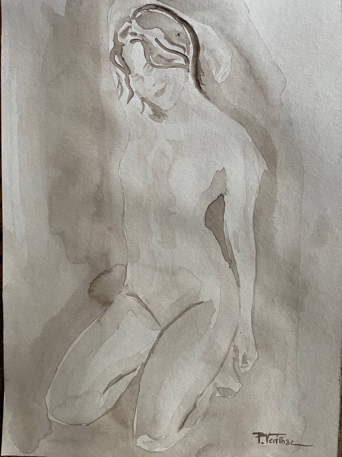 Signed watercolour monochrome painting "Hammam" of a female portrait.