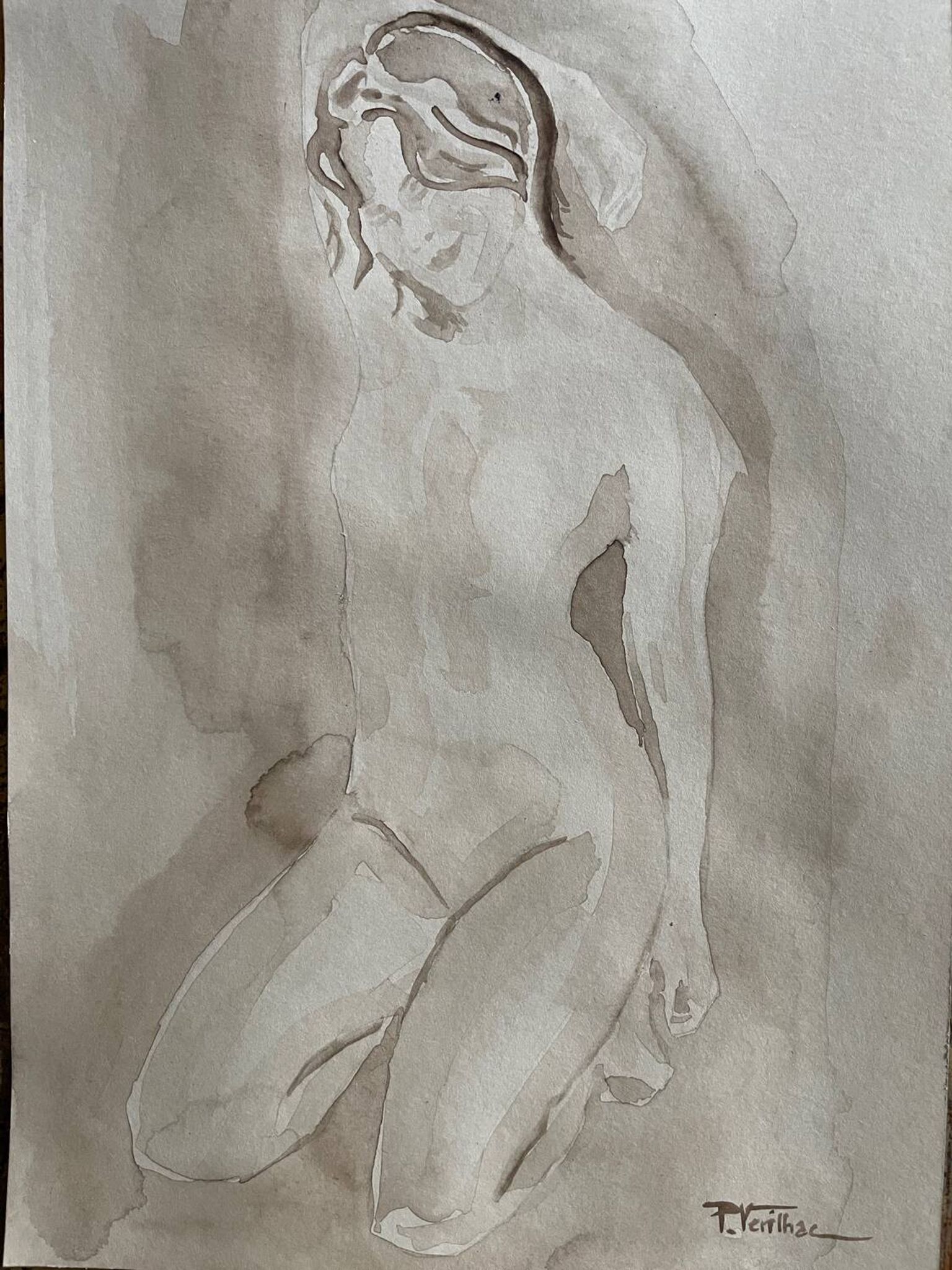 Signed watercolour monochrome painting of a female portrait "Hammam"