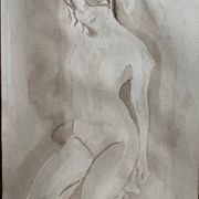 Signed watercolour monochrome painting of a female portrait "Hammam"