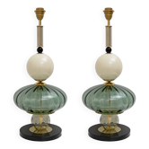 Paire de lampes de table géométriques en verre de Murano vert et blanc