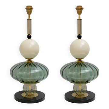 Pair of Geometric Murano Glass Table Lamps in Green and White